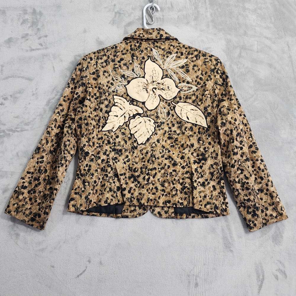Draper's & Damon's Blazer Womens PL Brown Animal Print Floral Embroidered Beaded